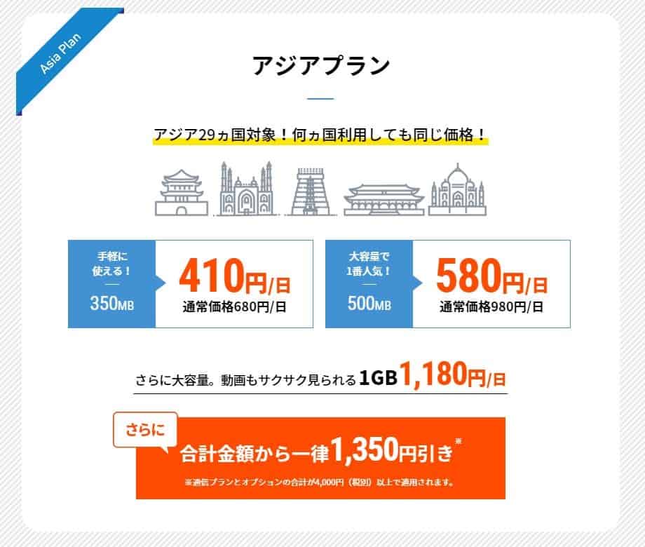 jetfi アジアプラン料金表(2019.8.1時点)